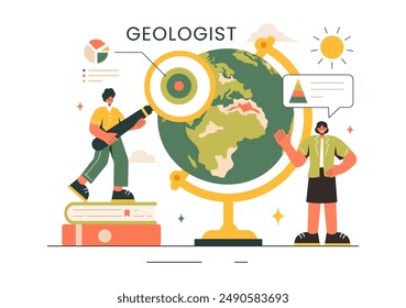 Ilustración vectorial geológica con análisis edafológico y características de la tierra para Ciencia, investigación o expedición en dibujos animados planos dibujados a mano