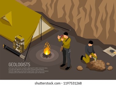 Geologists research fieldwork camp horizontal isometric composition with tent campfire rock samples exploration handtools kit vector illustration 