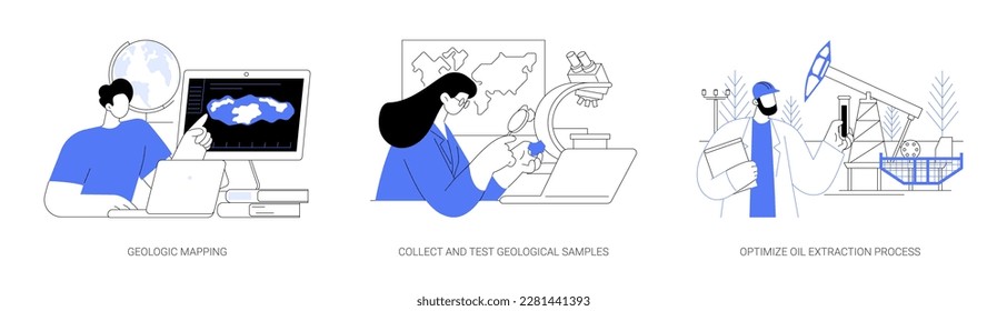 Geology abstract concept vector illustration set. Geologic mapping, collect and test geological samples, optimize oil extraction process, natural gas research, earth science abstract metaphor.