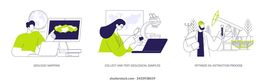 Conjunto de ilustración vectorial de concepto abstracto de geología. Mapeo geológico, recolección y prueba de muestras geológicas, optimización del proceso de extracción de petróleo, investigación de gas natural, metáfora abstracta de la ciencia de la tierra.