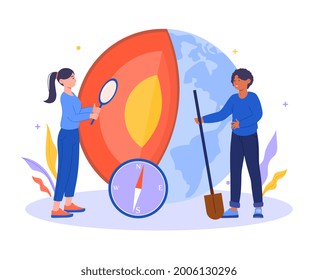 Geology abstract concept. Women with a shovel and a magnifying glass explore the core of the Earth. Very high temperature. Cartoon modern flat vector illustration isolated on a white background