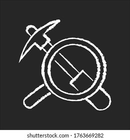 Geology chalk white icon on black background. Earth science, natural discipline. Study of environment and soil structure. Geological work tools Isolated vector chalkboard illustration