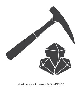 Geology Concept With Hammer And Minerals, Vector Silhouette