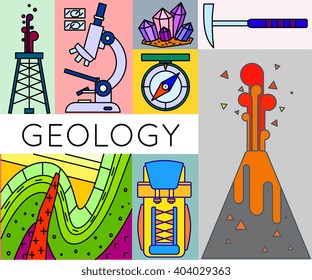 Geology concept poster vector illustration. Design elements in modern trendy style with minerals, backpack, rock folds, oil derrick, compass, volcano, hammer, microscope, rock layers.
