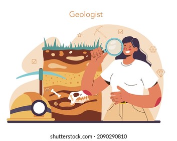 Geology concept. Scientist study structure, evolution and dynamics of the Earth, natural mineral and energy resources. Stones, gas and oil extraction. Flat vector illustration