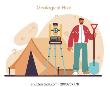Concepto de geología. Estructura de estudio científico, evolución y dinámica de la Tierra, recursos minerales naturales y energéticos. Extracción de piedras, gas y petróleo. Ilustración vectorial plana