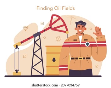 Geology concept. Scientist study structure, evolution and dynamics of the Earth, natural mineral and energy resources. Stones, gas and oil extraction. Flat vector illustration