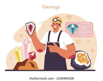 Geology Concept. Scientist Study Structure, Evolution And Dynamics Of The Earth, Natural Mineral And Energy Resources. Stones, Gas And Oil Extraction. Flat Vector Illustration