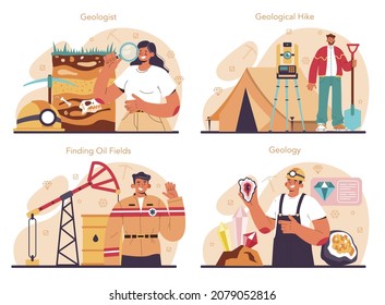 Geology concept set. Scientist study structure, evolution and dynamics of the Earth, natural mineral and energy resources. Stones, gas and oil extraction. Flat vector illustration