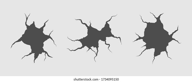 Geologie schädigt Erdoberfläche, Erdriss Lochstruktur oder Erdbebenwallpaper. Realistische Risse in der Wand. Eine Reihe von Oberflächenfehlern für destruktive Konstruktion. Vector Abbildung, 10.