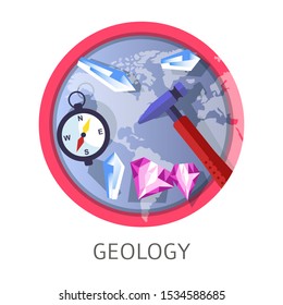 Geology discipline with mining zone map, precious stones, crystals, compass, hammer icons inside round circle, detailed colorful concept flat vector illustration and text on white background