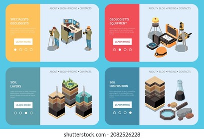 Geology earth exploration isometric banner set specialists geologists soil layers and composition and geologist equipment headlines vector illustration