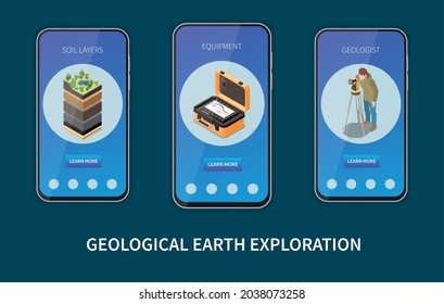 Geology earth exploration isometric colored vertical banner set with soil layers equipments geologist descriptions and learn more buttons vector illustration