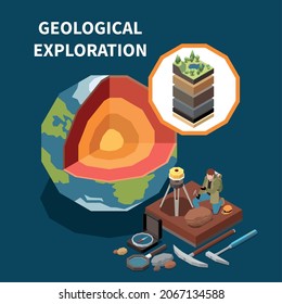 Geology earth exploration isometric colored composition with geological exploration description equipment for work and types of soils vector illustration