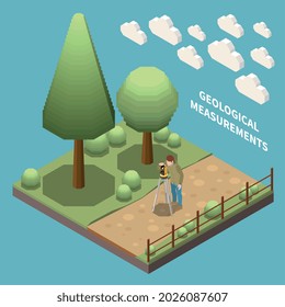 Geology earth exploration isometric composition geologist at work measuring something with special instruments vector illustration