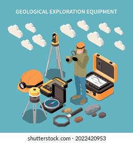 Geology earth exploration isometric concept with geological exploration equipment description and different tools and elements for work vector illustration
