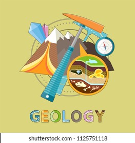 Geology excavations and geological researches. Pick and compass equipment, closeup of ground layers with fossils and minerals vector illustration emblem