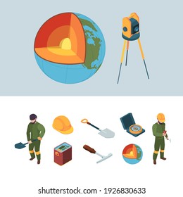 Geology Exploration. Earth Mantle Layers Garish Vector Isometric Processes Geologist Equipment Helmet