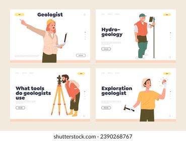 Geology and hydrogeology online service landing page design template with professional workers