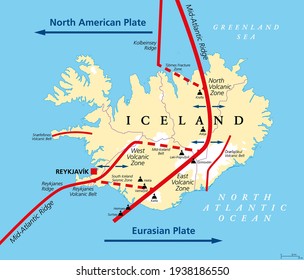 Geology of Iceland political map. Iceland lies on the divergent boundary between Eurasian plate and North American plate. Map with volcanic zones and belts, ridges and most important volcanoes. Vector