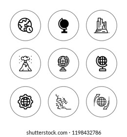 Geology icon set. collection of 9 outline geology icons with earth globe, global, globe, eruption, rocks, world icons. editable icons.