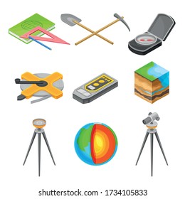 Geology Measurement Instruments with Soil Cross Section and Prospecting Hammer Vector Set