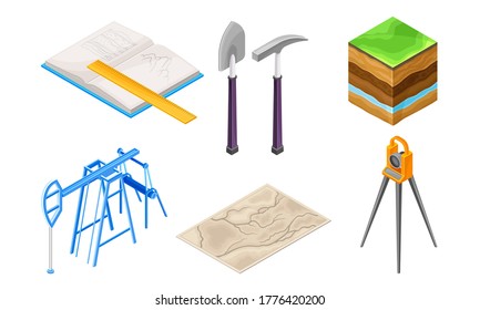 Geology Measurement Instruments with Soil Cross Section and Prospecting Hammer Vector Set