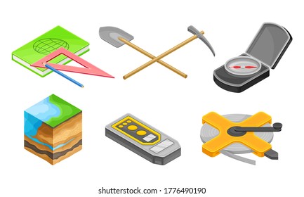 Instrumentos de medición geológica con corte transversal del suelo y conjunto de vectores de martillo prospectivo