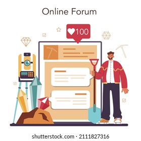 Geology online service or platform. Scientist study structure, evolution of the Earth, natural mineral and energy resources. Online forum. Flat vector illustration