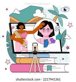Geology online service or platform. Scientist study structure, evolution and dynamics of the Earth, minerals exploration. Online contacts. Flat vector illustration