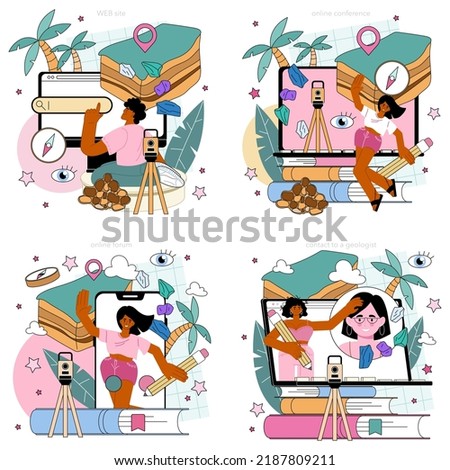 Geology online service or platform set. Scientist study structure, evolution and dynamics of the Earth, minerals exploration. Online forum, conference, contacts, website. Flat vector illustration