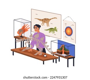 Geology and paleontology teacher during school lecture in classroom. Woman teaching at lesson in palaeontology class room with dinosaur skeleton. Flat vector illustration isolated on white background