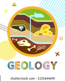 Geology poster with soil layers and elements found in it. Water and precious stone diamond. Skull of dinosaur and animal bones vector illustration