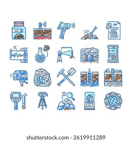 Geology Researching Collection doodle icons set vector. Gyro Theodolite And Laser Level, Field Controller Thermal Imager Geology Equipment
