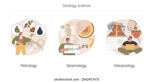 Geology Science Abstract Concept Vector Illustration Set. Petrology, Seismology And Volcanology, Mineral, Exploration, Earthquake Environmental Effect, Tectonic Movement, Earth Abstract Metaphor.