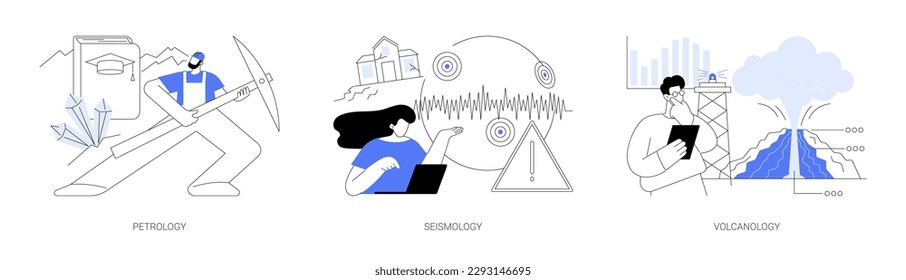 Geology science abstract concept vector illustration set. Petrology, seismology and volcanology, mineral, exploration, earthquake environmental effect, tectonic movement, Earth abstract metaphor.