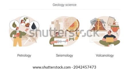 Geology science abstract concept vector illustration set. Petrology, seismology and volcanology, mineral, exploration, earthquake environmental effect, tectonic movement, Earth abstract metaphor. Foto stock © 