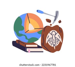 Concepto de educación científica en geología. Sección Planeta Tierra con núcleo, fósiles y libros geológicos para estudiar en clases escolares. Investigación en el mundo. Ilustración vectorial plana aislada en fondo blanco