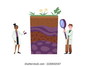 Científicos de geología con amplificador que estudian capas y composición del suelo, ilustración vectorial plana aislada en blanco. El hombre y la mujer analizan el suelo y la tierra. Concepto de agricultura y recursos naturales.