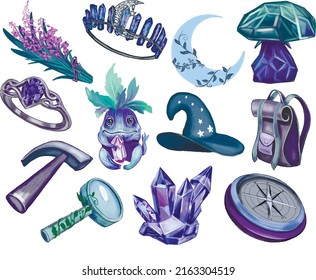 geology stickers, vector ring drawing, compass, jeweler stickers, crystals, diadem illustration