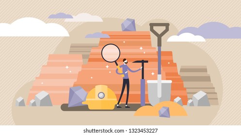 Geology vector illustration. Flat tiny soil science industry persons concept. Earth mineral rock exploration and mining knowledge business. Study about volcanic surface and solid fossil geodesy mining Geology vector illustration. Flat tiny soil science industry persons concept. Earth mineral rock exploration and mining knowledge business. Study about volcanic surface and solid fossil geodesy mining
