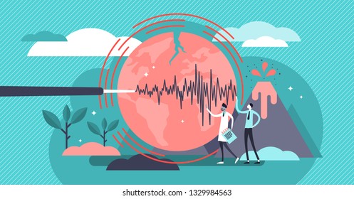 Geology Vector Illustration. Flat Tiny Volcano Earthquake Persons Concept. Signal Technology Study To Predict Nature Disasters. Scientists Gathering Instrument Data. Seismic Activity And Lava Eruption