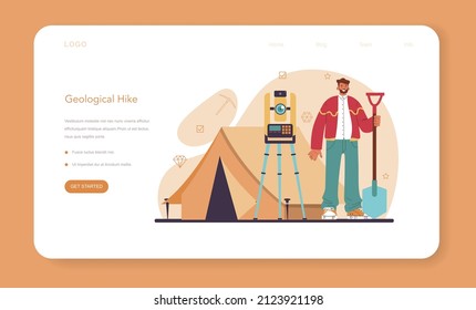 Geology web banner or landing page. Scientist study structure, evolution and dynamics of the Earth, natural mineral and energy resources. Stones, gas and oil extraction. Flat vector illustration