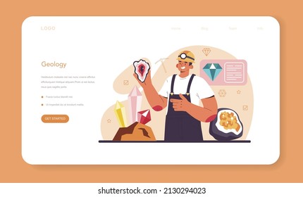 Geology web banner or landing page. Scientist study structure, evolution and dynamics of the Earth, natural mineral and energy resources. Stones, gas and oil extraction. Flat vector illustration