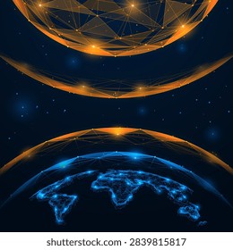 A geomagnetic storm in outer space. Streams of charged particles and powerful magnetic waves propagate from the Sun to planet Earth, creating a dynamic energy field. Polygonal design.