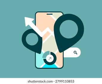 Geomarketing with customer targeting, location intelligence and geographic audience analysis. Market expansion, business growth and location based strategy vector illustration.