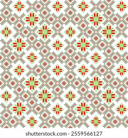 Geomatric displays a symmetrical cross-stitch pattern with red, green floral snowflake-like motifs,arranged in a grid on a light background, showcasing intricate details. Vector seamless pixel pattern