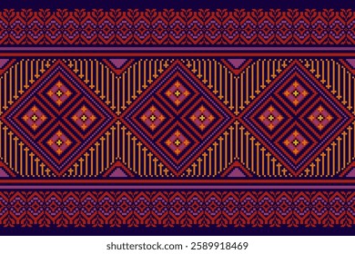 Geomatric ethnic oriental ikat seamless pattern traditional Design for background,carpet wallpaper,clothing,wrapping,Batik,fabric,Vector illustration.embroidery style.Color blue orange ,Thai abstract