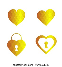 Geomatric hearts love vector icon. Heart icon set vector..Golden low poly style.