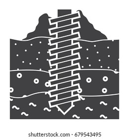 Geomechanics Concept With Earth Auger Drill And Soil, Vector Silhouette